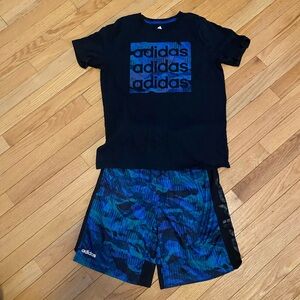adidas Black Tee with Blue/Teal Camo Shorts